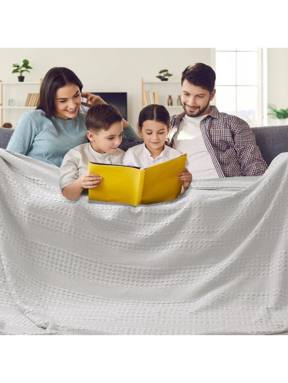 Soft Lightweight 100% Cotton Waffle Blanket, Oversized King Size, Light Grey